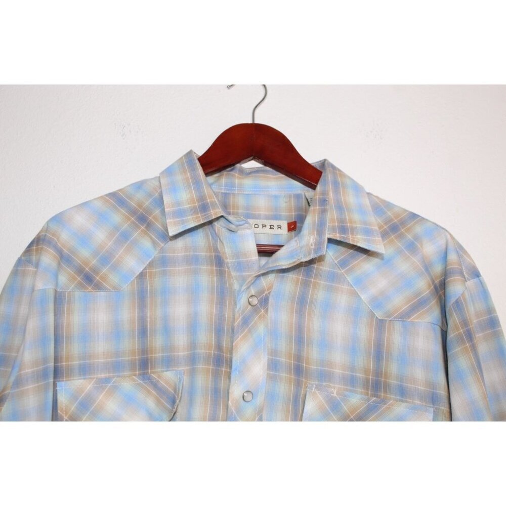 Roper Men's Cowboy Shirt L Blue Tan Plaid Western Pearl Snap Casual Fit Relaxed - Picture 2 of 15